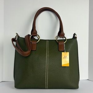 NWT 22 Tote Handbag Pebbled Tote Green Brown Trim Double Handle Adjustable Strap